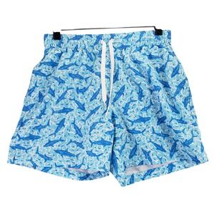 Chubbies Shark Print Swim Trunks Mens S Blue White Mesh Lined Coastal Preppy